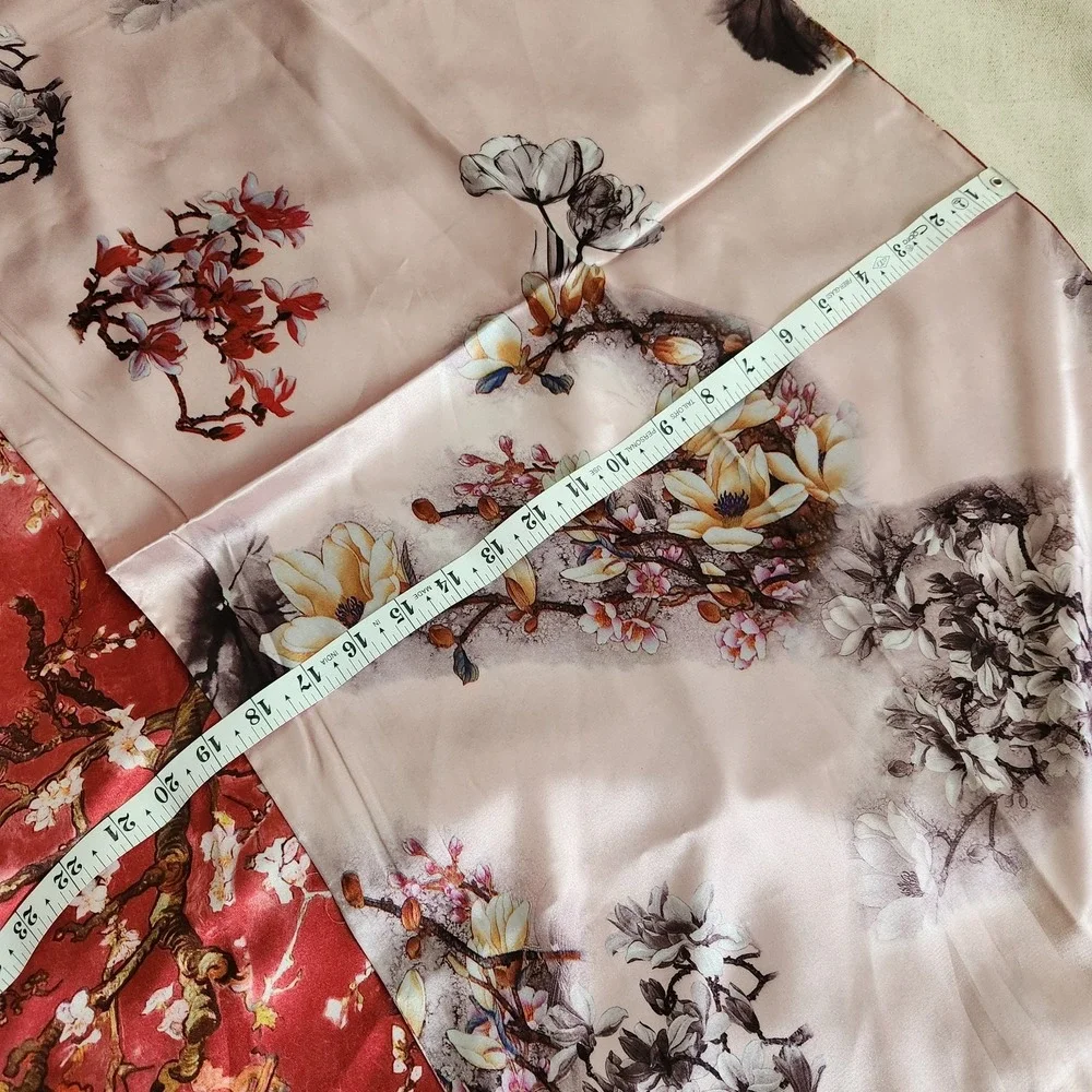 100% Silk Reversible Floral Scarf Pink Red Blossom Tree Branches Long Wrap 66x18